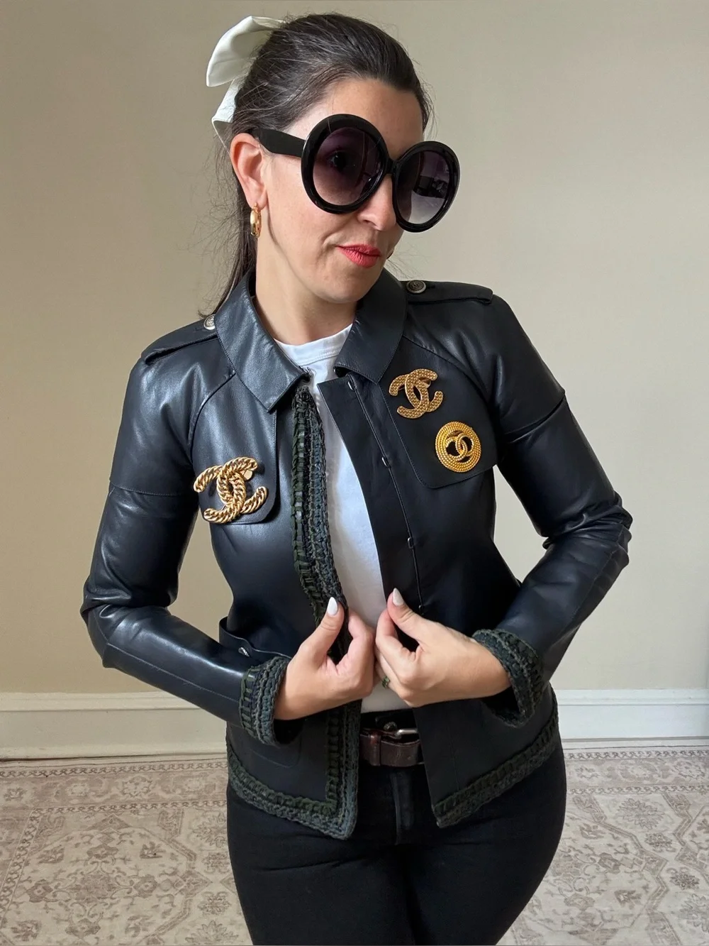 Chanel 2012 navy lambskin leather jacket size 34 fits 0-2